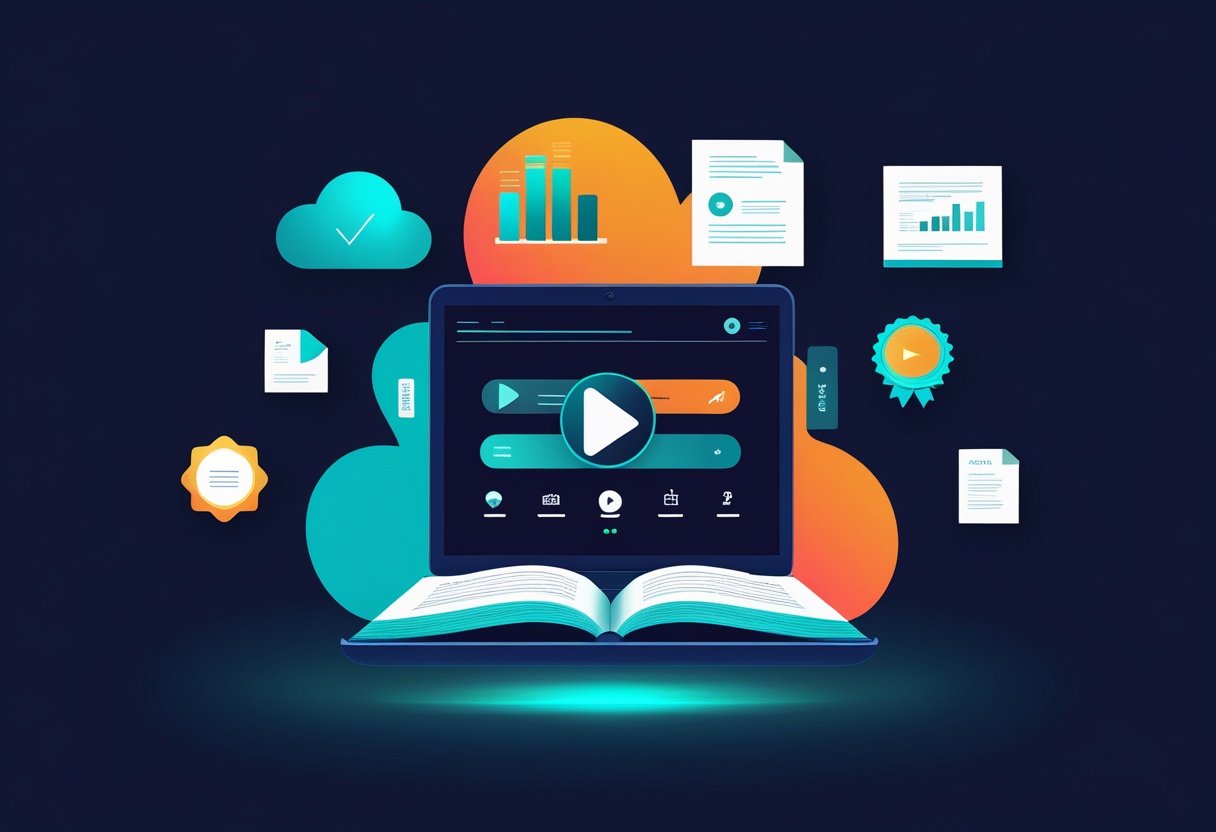 Ilustración de una plataforma educativa digital con libro, nube y gráficos de datos